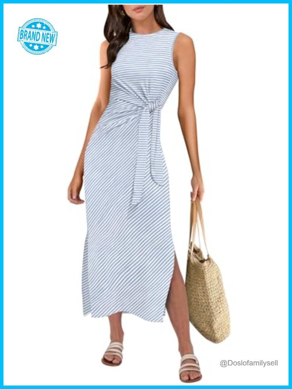 Sleeveless Tie Waist Midi Dress with Slit - Summer Casual Tank Dress